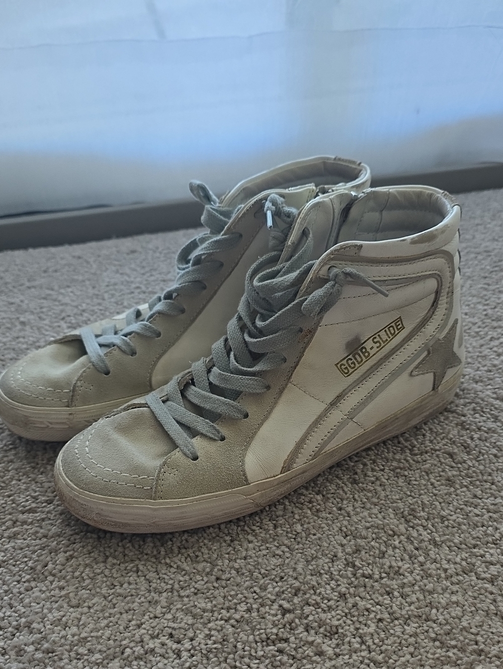 Golden Goose Slide High-Top Sneakers in Beige & White